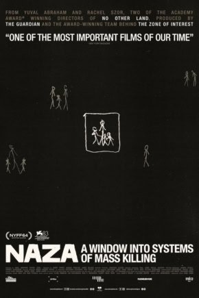 Film poster voor NAZA, een film over massamoord, met een zwart-wit ontwerp en schetsachtige tekeningen van mensen.