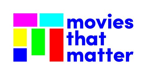 Logo van Movies That Matter met kleurrijke blokken en tekst, promotie voor filmvertoningen die belangrijke maatschappelijke onderwerpen behandelen.