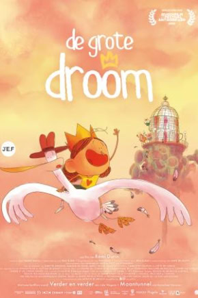 Animatieposter voor 'De Grote Droom' met een kind dat op een flamingo rijdt, kleurrijk en speels, geschikt voor jonge kinderen, promotie voor filmfestival Cinekid 6+.
