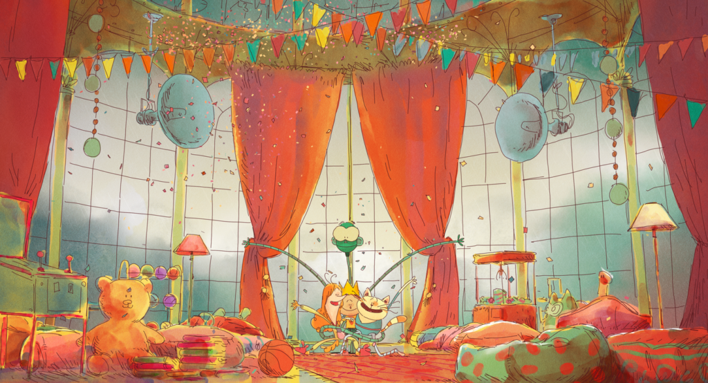 Speelse kinderkamer met kleurrijke decoraties, speelgoed en een grote raam met rode gordijnen, geschikt voor een kindervoorstelling of kinderfeestje.
