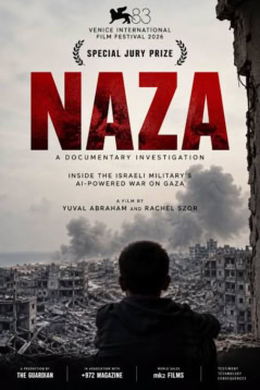 Naza documentaire poster met een kind dat naar een verwoeste stad kijkt, symboliseert de impact van oorlog en conflict.