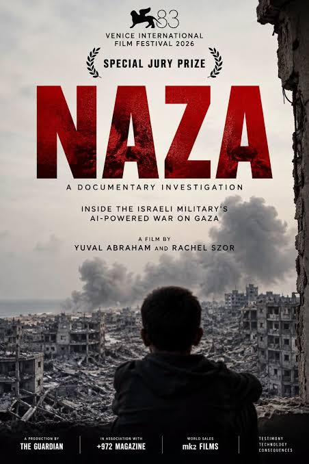 Naza documentaire poster met een kind dat naar een verwoeste stad kijkt, symboliseert de impact van oorlog en conflict.