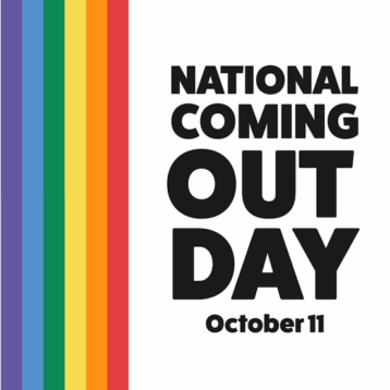 Poster voor Coming Out Day met regenboogkleuren en tekst 'National Coming Out Day October 11'.