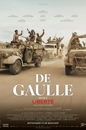 Filmposter van 'De Gaulle: Liberté' met historische oorlogssoldaten en tanks in een woestijnlandschap, geschikt voor filmliefhebbers en geschiedenisfans.