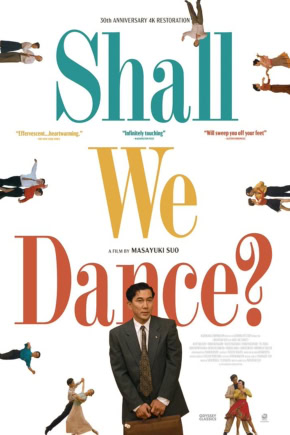 Promotiefilm poster voor de film 'Shall We Dance?' met een man in een pak en dansende mensen rondom, geschikt voor een bioscoopwebsite.