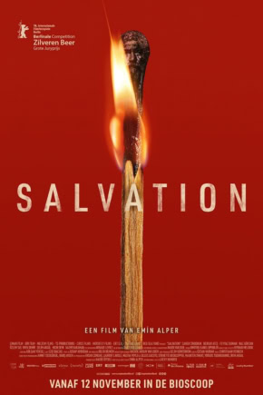 Salvation film poster met vlammen en rode achtergrond, titel in hoofdletters.