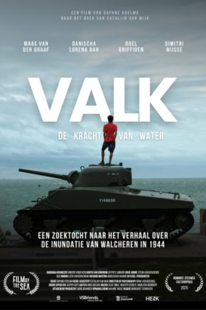 Valk poster met een bemanningslid op een tank bij de kust, luchtig blauw en zee.