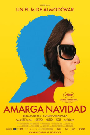 Cinéma Middelburg - Amarga Navidad poster met een vrouw in zongezicht met zonnebril tegen gele achtergrond.