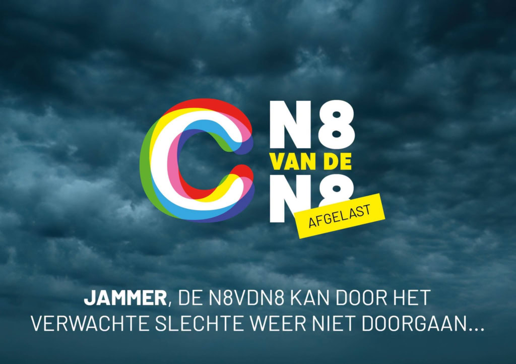 N8VDN8 filmavond afgelast door slecht weer, waarschuwing voor bezoekers, stormachtige lucht, donkere wolken, regen, waarschuwing voor slechte weersomstandigheden.