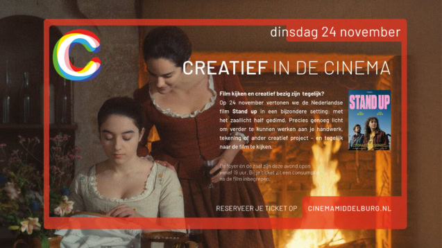 Afbeelding van creatief in de cinema met twee vrouwen op achtergrond van een filmavond bij Cinema Middelburg.