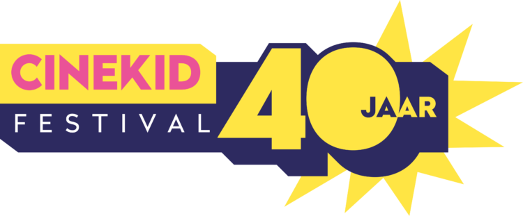 Logo van het Cinekid Festival ter viering van 40 jaar, met kleurrijke tekst en feestelijke elementen.